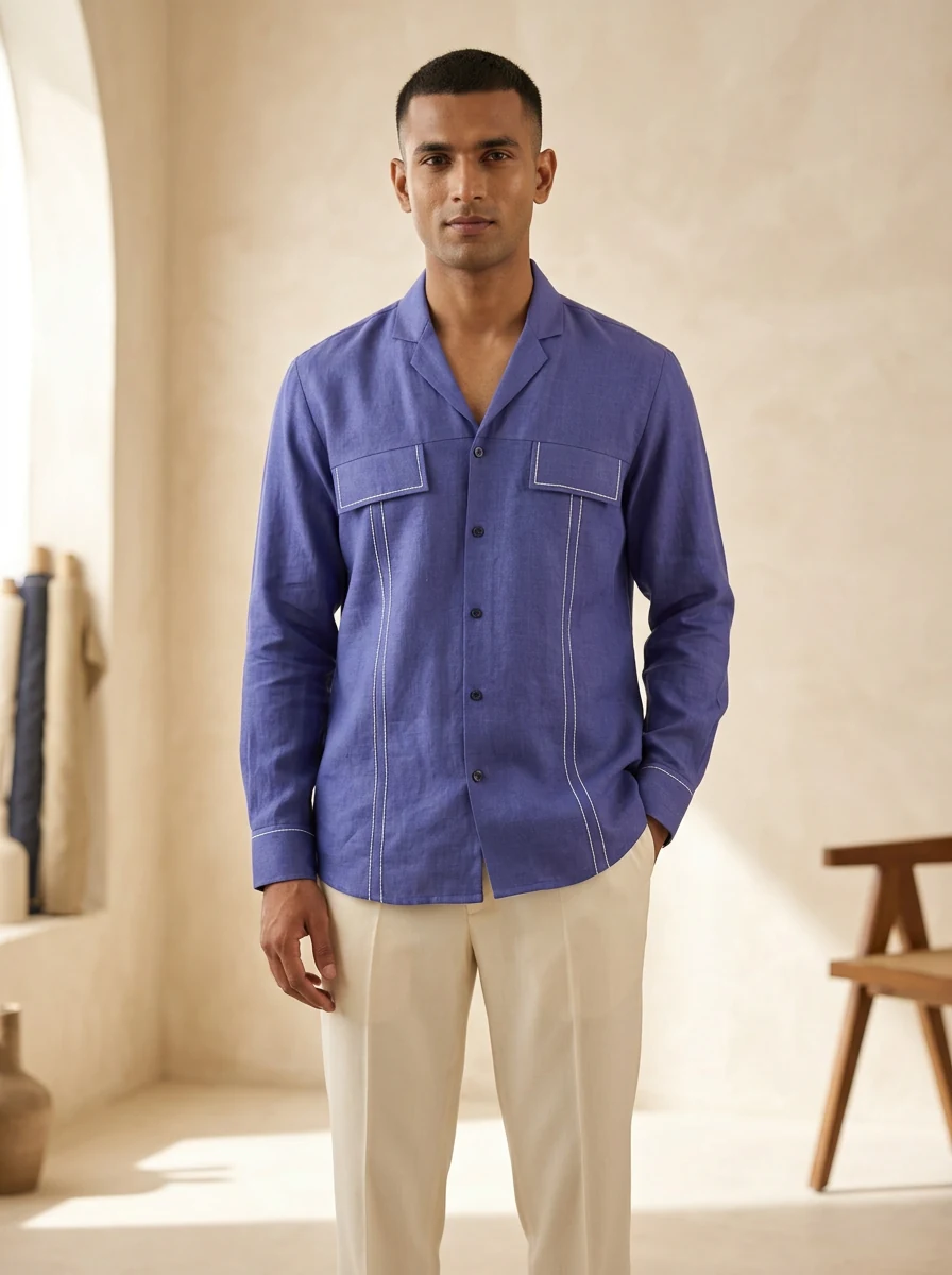 Man wearing a blue contrast-stitch linen shirt by Mayuri's Bespoke Studio