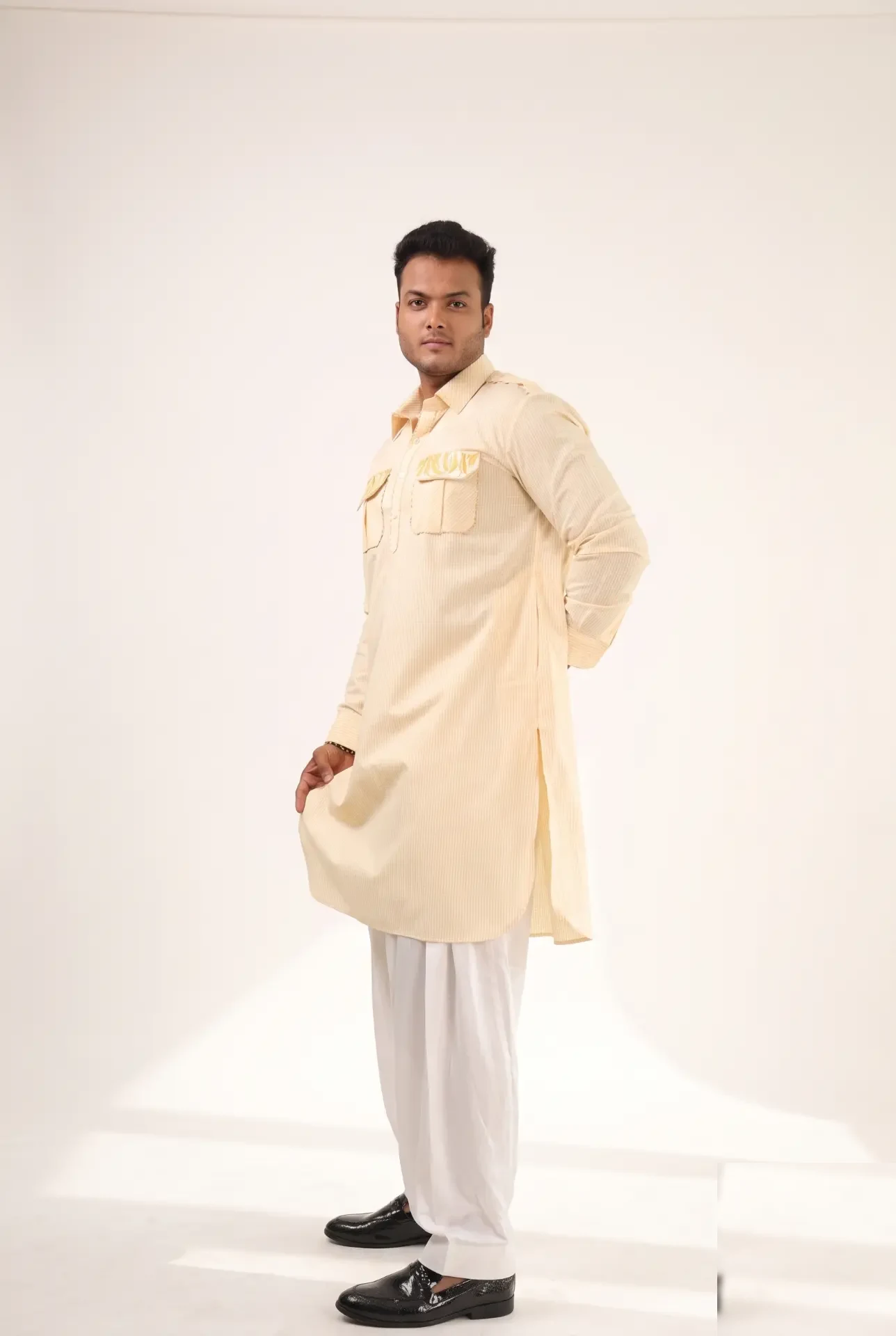 Kesar Check Pathani — Check Pathani kurta with thread and sequin fabric