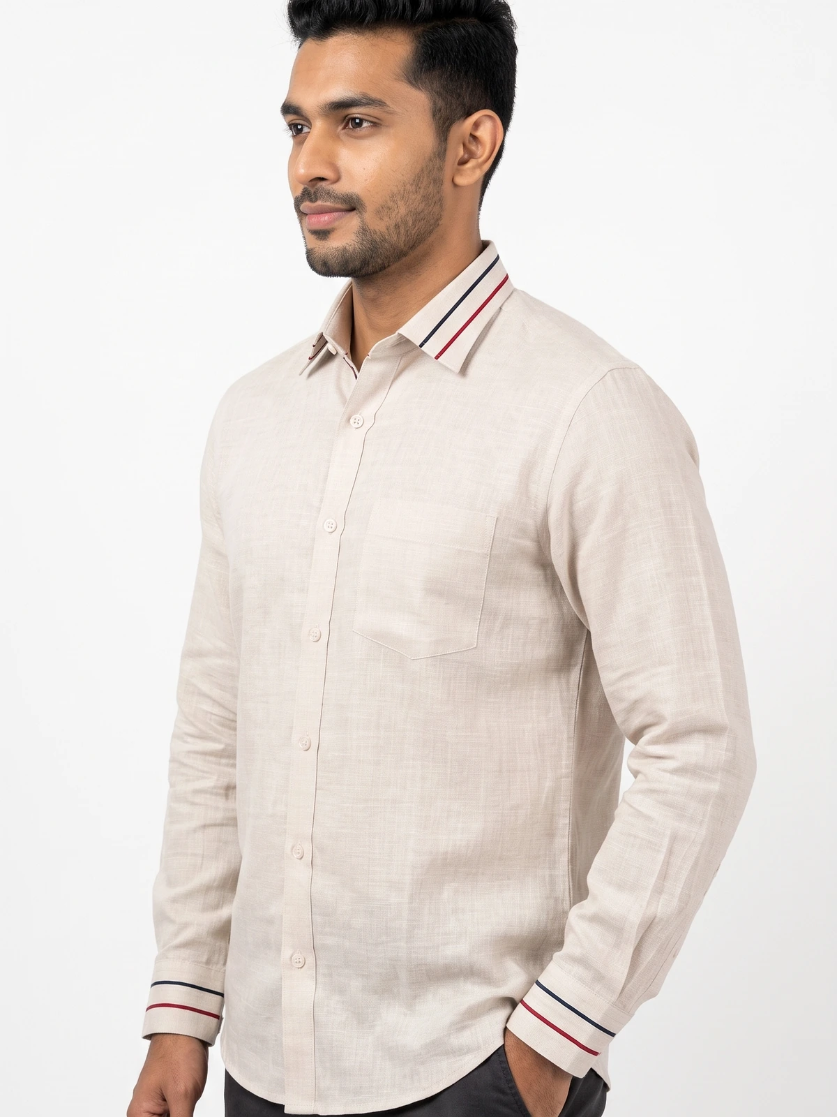Ivory Stripe — Linen Shirt · Piping Detail