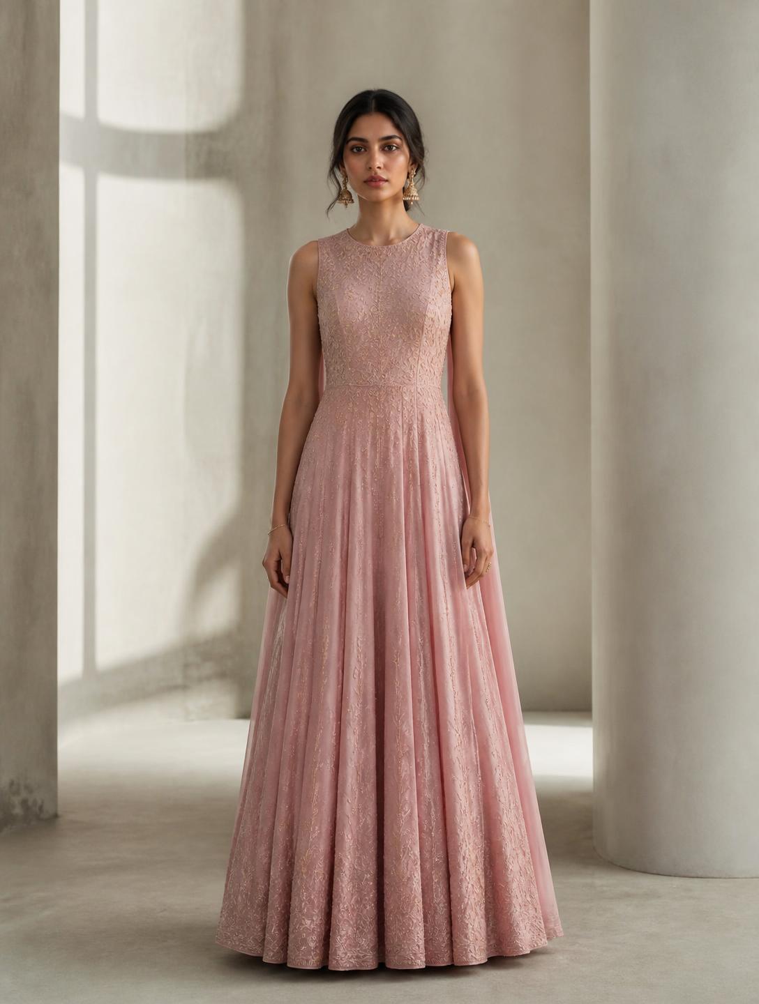 Blush floor-length gown, shadow embroidery