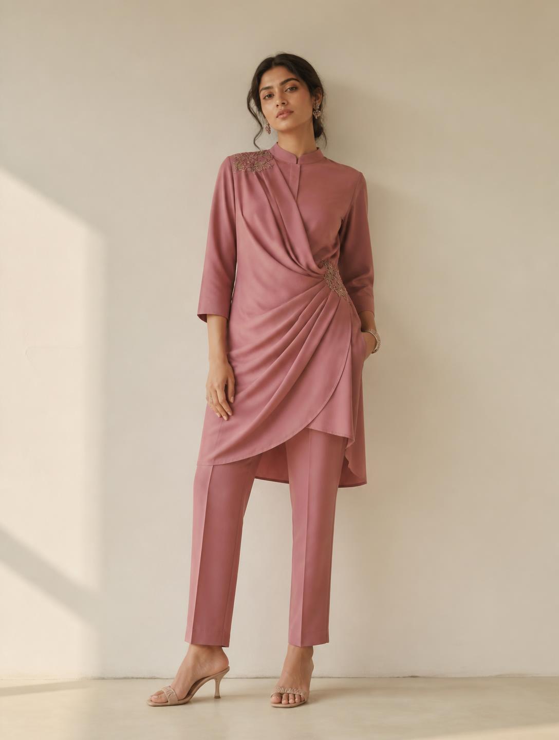 Antique rose draped tunic with tailored trousers
