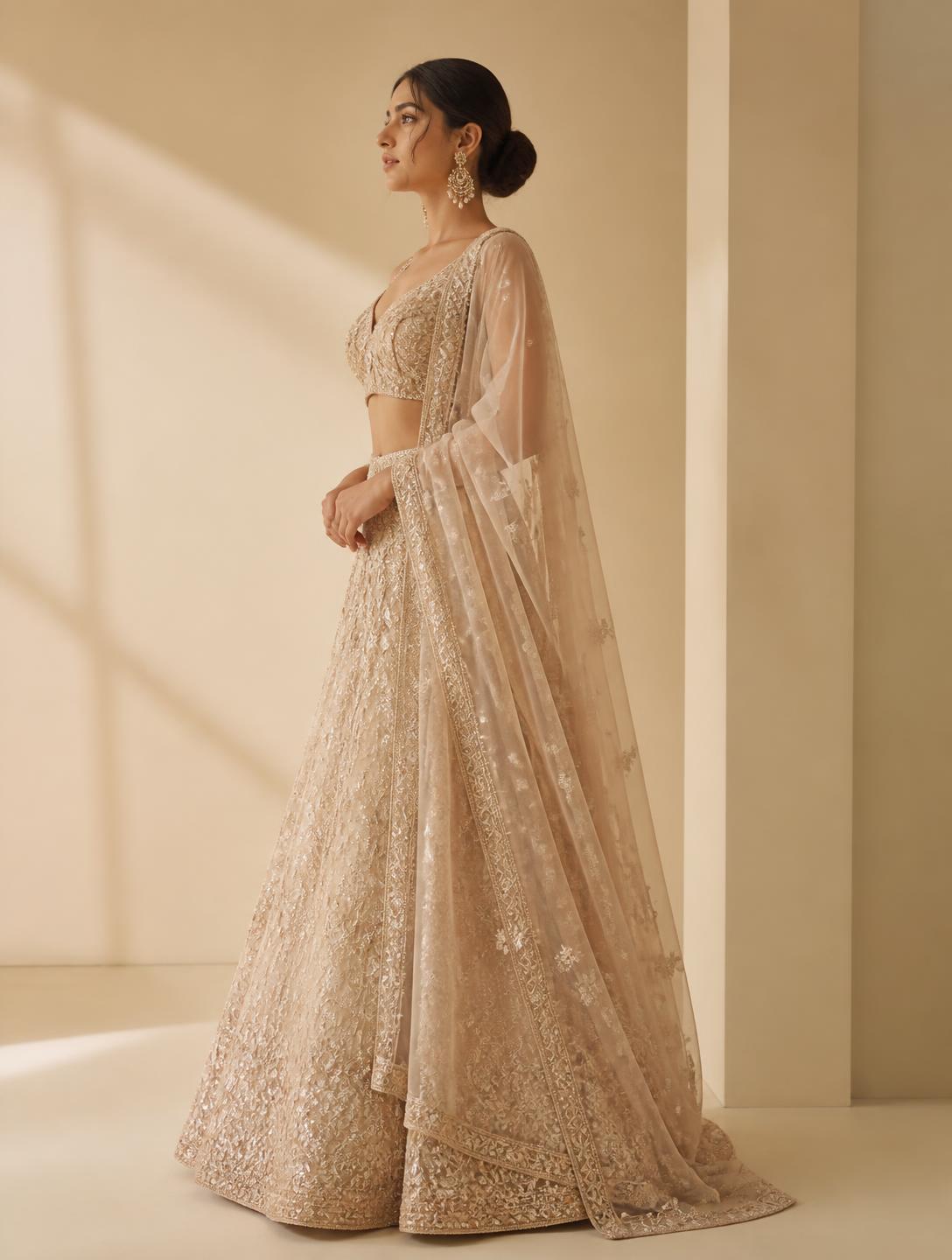 Champagne tulle lehenga with tonal thread