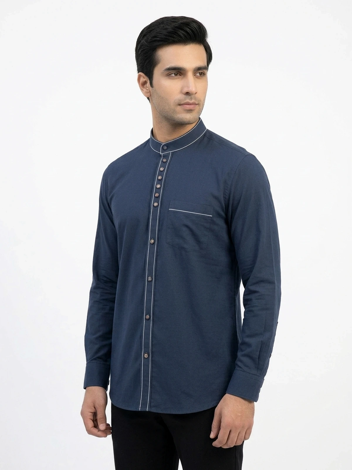 Midnight Line — Linen Shirt · Mandarin Collar