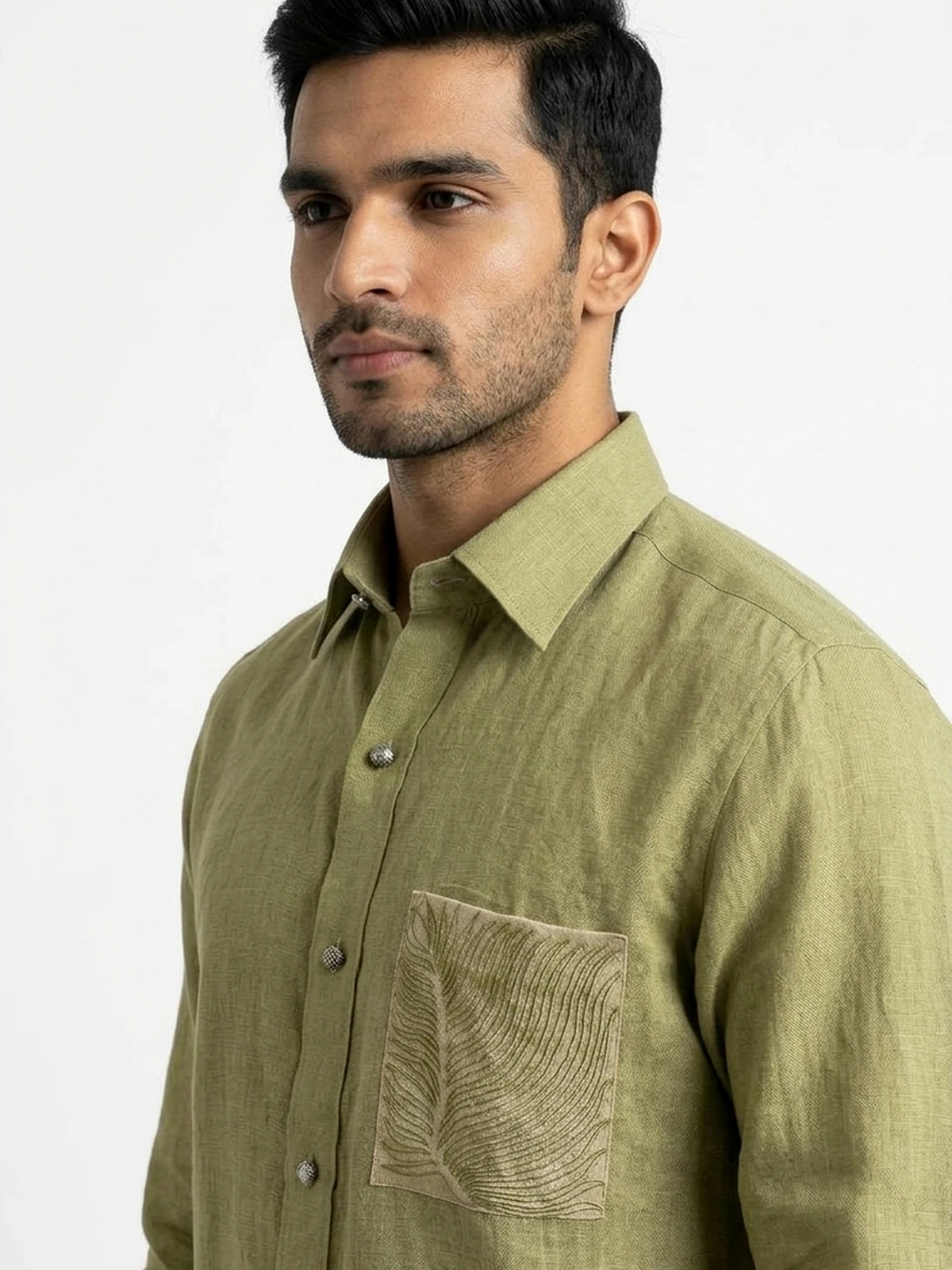 Olive Leaf — Linen Shirt · Embroidered Pocket