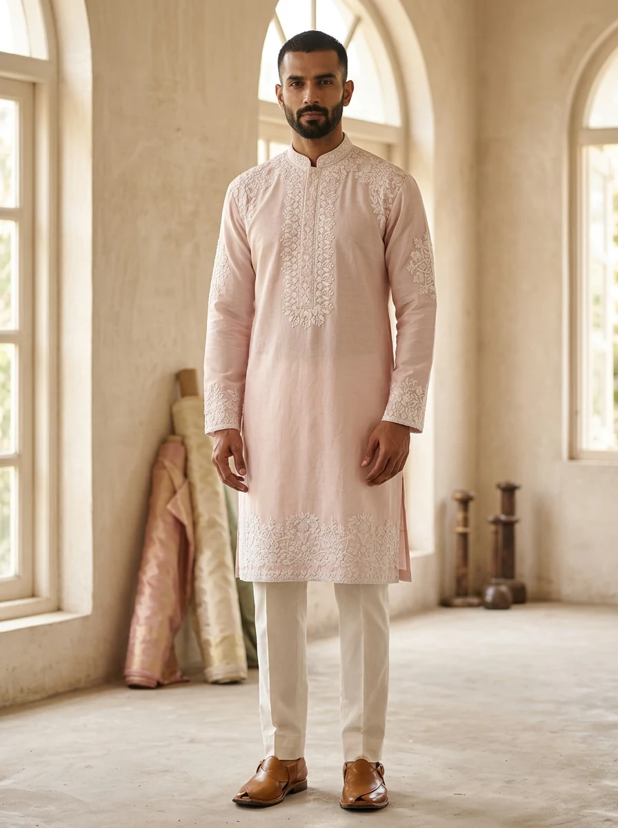 Man wearing a blush pink embroidered kurta by Mayuri's Bespoke Studio