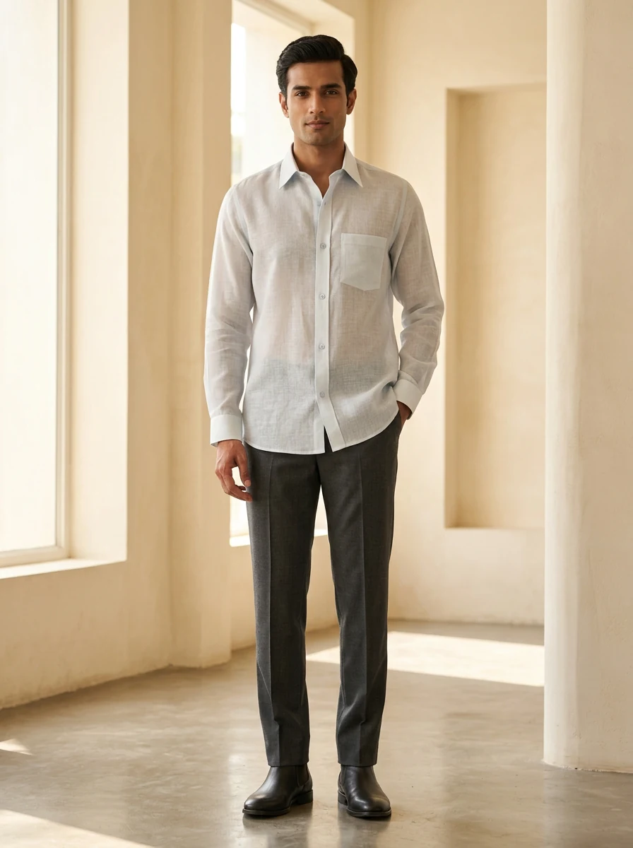 Man wearing a pale linen shirt by Mayuri's Bespoke Studio