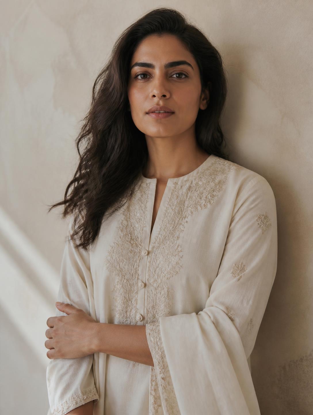 A woman in an ivory hand-embroidered kurta