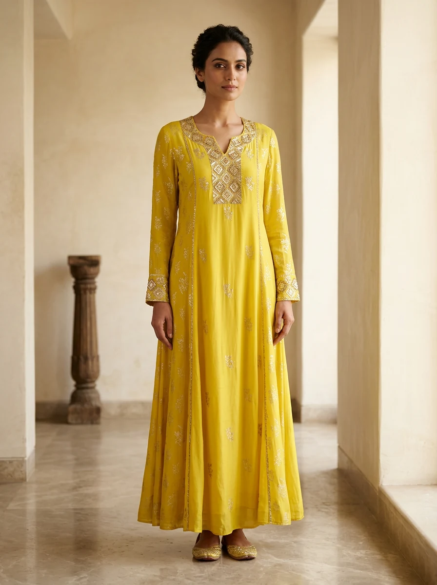Woman wearing a yellow hand-embellished anarkali by Mayuri's Bespoke Studio